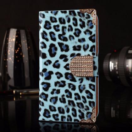 Blue Leopard Luxury Bling Phone Wallet Flip Case..