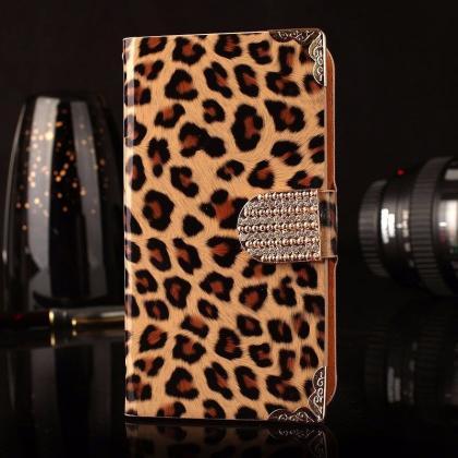 Brown Leopard Luxury Bling Phone Wallet Flip Case..