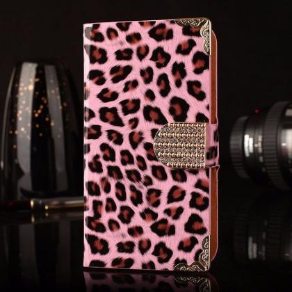Pink Leopard Luxury Bling Phone Wallet Flip Case..